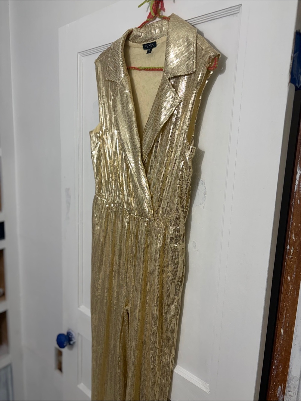 VENUS Gold Sequin Lapel Wrap Jumpsuit Small - Hoco Holiday Formal Like New - Picture 8 of 10